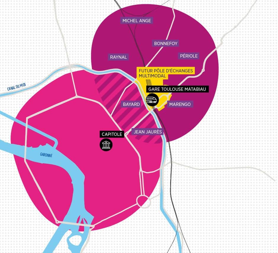 Schéma de l'extension du centre-ville de Toulouse